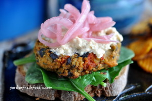Mediterranean Burger Topped With Hummus & Pickled Onions