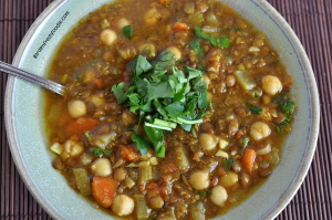 Bowl of Vegan Moroccan Lentil and Chickpea Soup