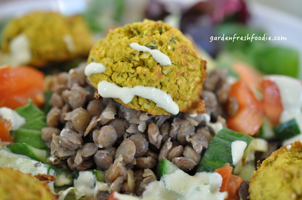 Gluten Free Falafel and Lentils On Top of A Fresh Salad