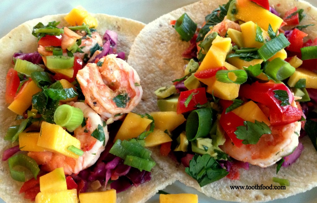 shrimp tacos with red cabbage slaw