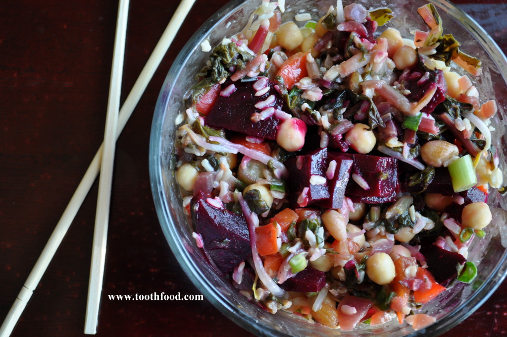 Miso Ginger Rice Bowl With Beets, Chick Peas, and Greens