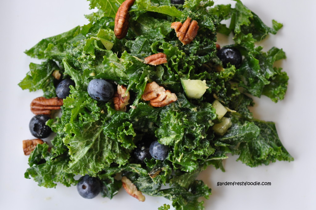 Plated Creamy Kale Salad With Blueberries and Pecans