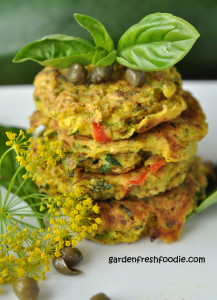 Stack of Vegan Zucchini Patties With Fresh Herbs and Capers