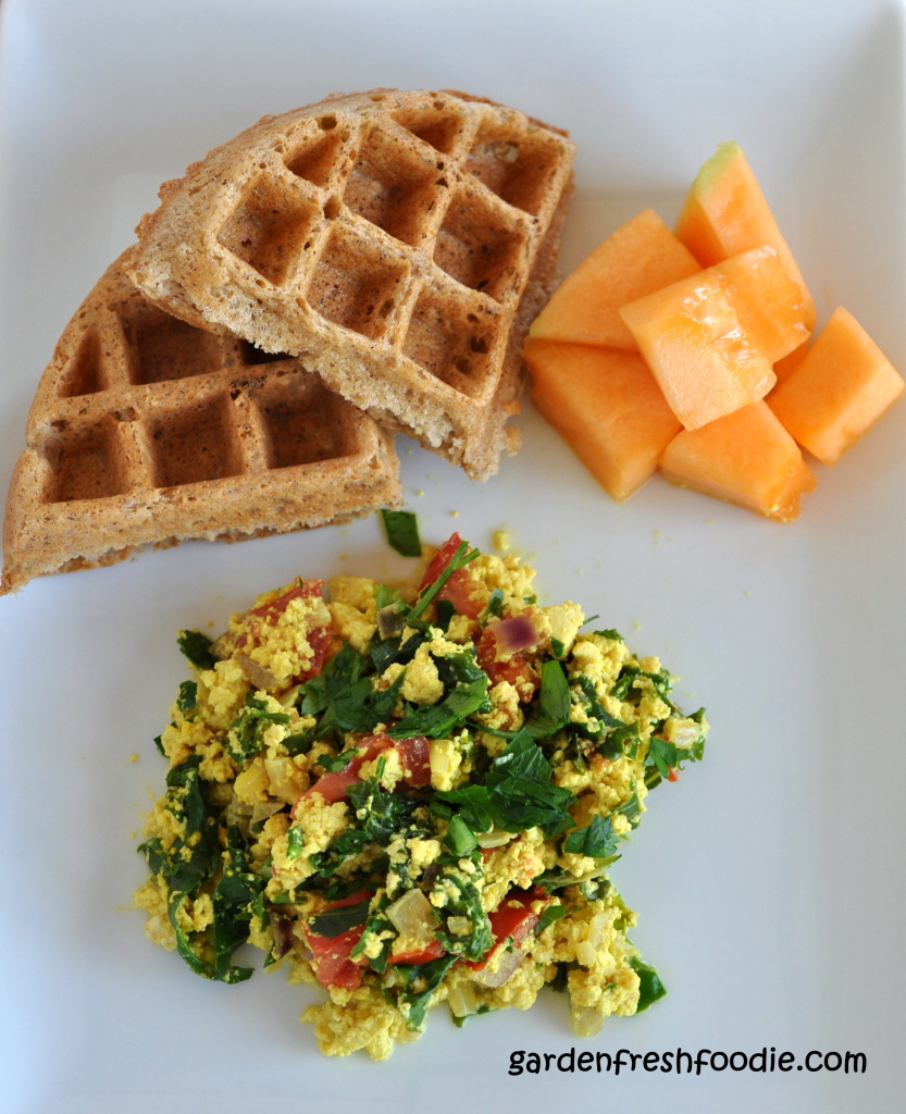 Italian Tofu Scramble Breakfast Served With Coconut Waffles