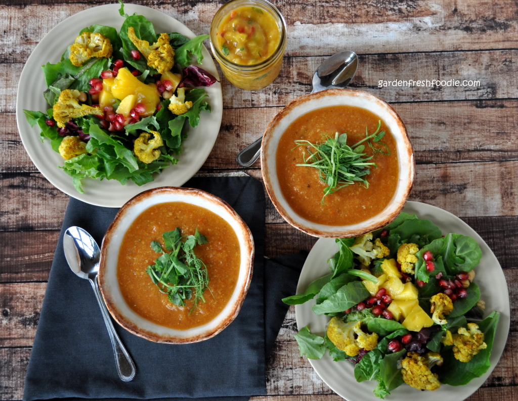 Indian Lunch of Red Lentil Curry Soup, Mango Chutney, and Salad with Roasted Curried Cauliflower