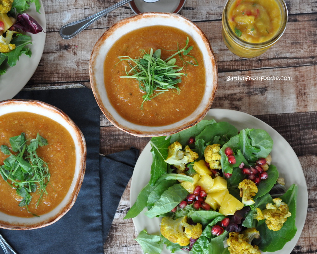 Red Lentil Curry Soup, Salad, and Mango Chutney