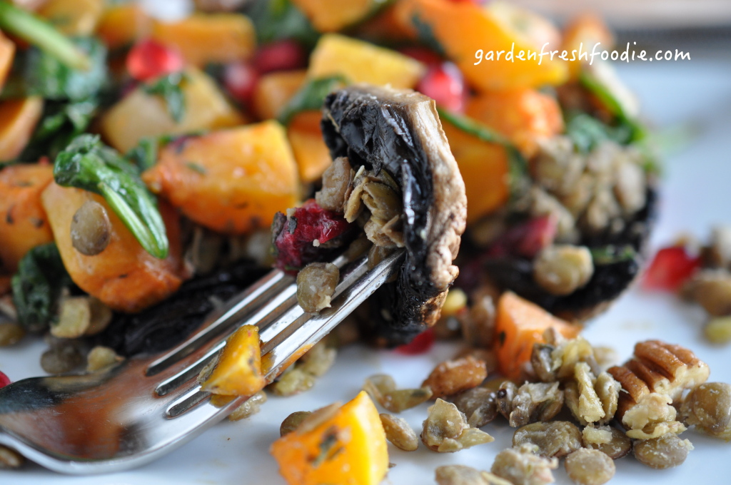 Roasted Balsamic Portobello Mushrooms Topped With Lentils and Roasted Butternut Squash