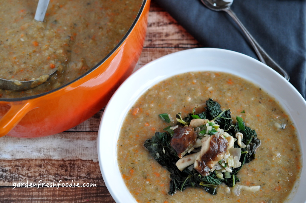 Creamy White Bean & Sage Soup Topped With Garlicky Mushrooms and Kale