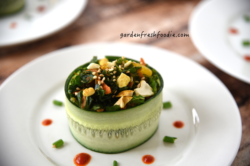 Close Up of Moroccan Kale Salad Wrapped in Cucumber