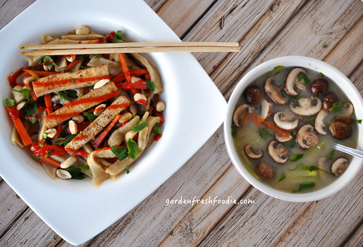 Gluten Free Yaki Udon Noodles WIth Marinated Tofu and Miso Soup