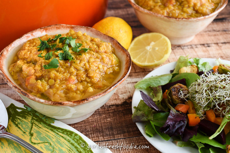 Bowls of Spciy Red Lentil Soup and Salad