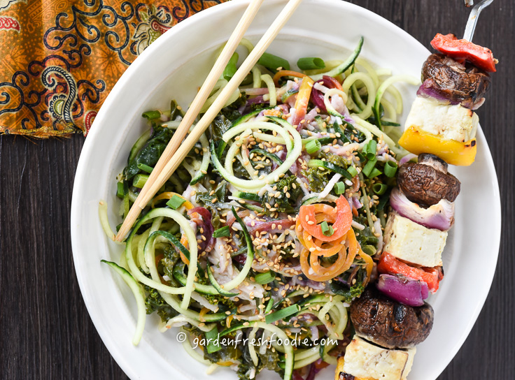 Bowl of Cucumber Noodle Salad With Miso Tofu Shish Kebab