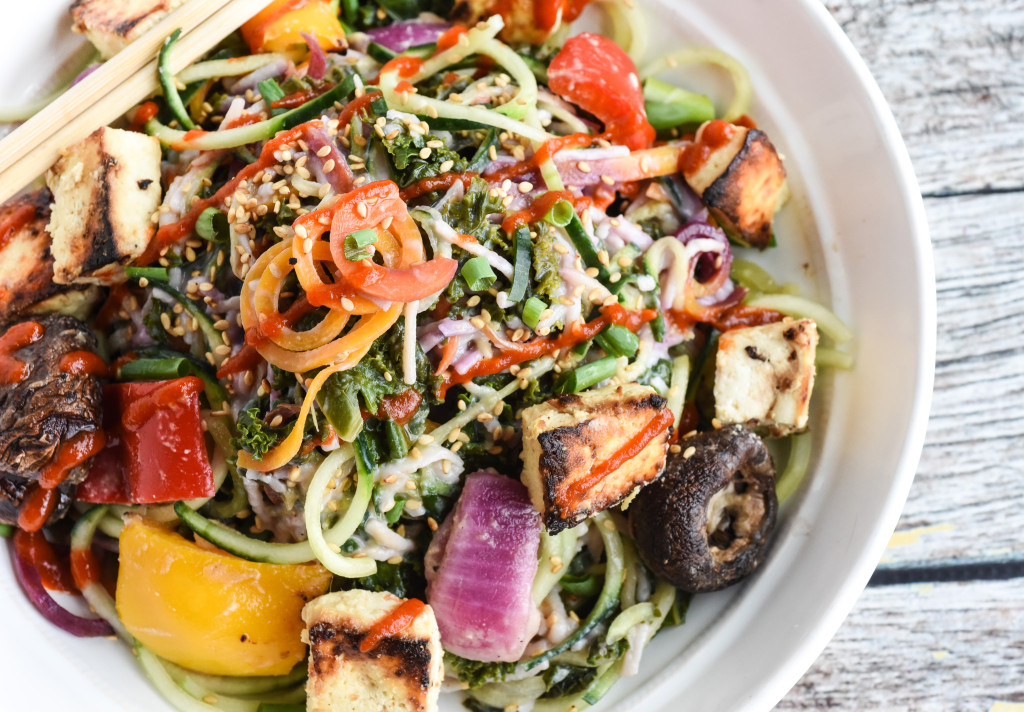 Grilled Miso Tofu & Veggies With Bowl of Cucumber Noodle Salad
