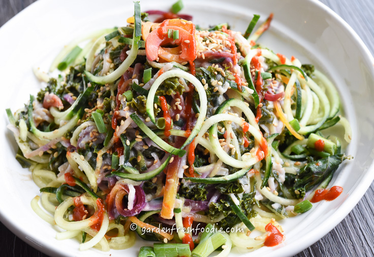 Miso Cucumber Noodle Salad Topped With Siracha