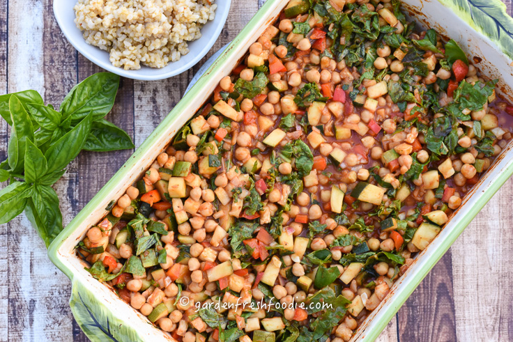 Baked Saucy Chickpeas WIth Zucchini and Fresh Greens