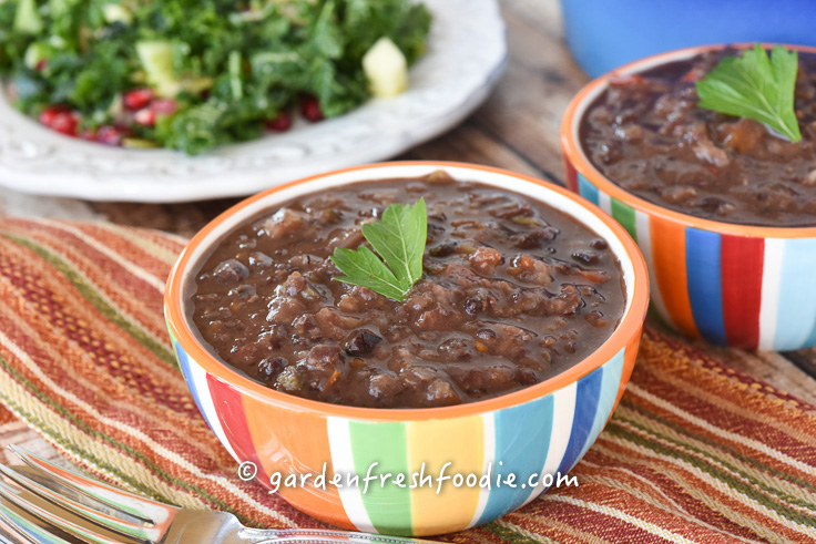 Bowls of Caribbean Black Bean Soup and Massaged Kale Salad