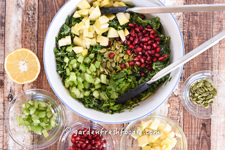Tossing Ingredients For Massaged WInter Kale Salad