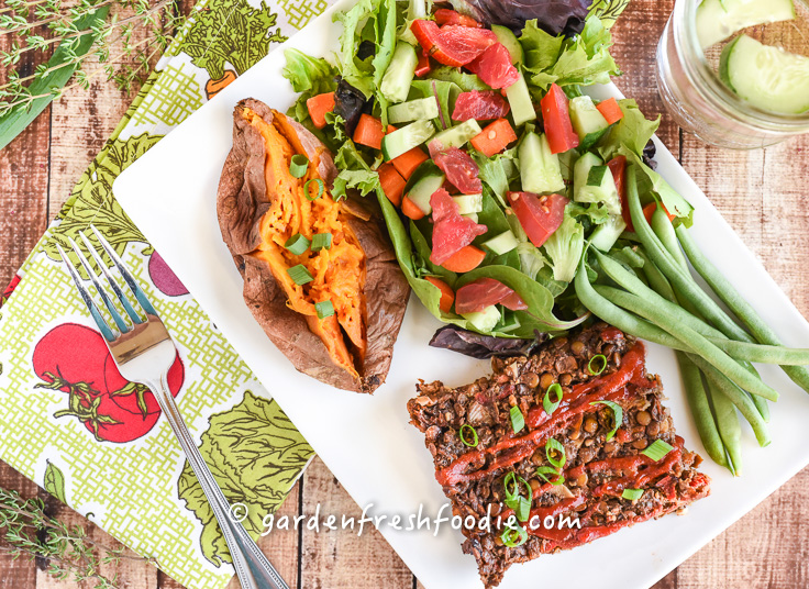 Vegan Lentil Cassoulet Dinner With Sweet Potato and Fresh Garden Veggies