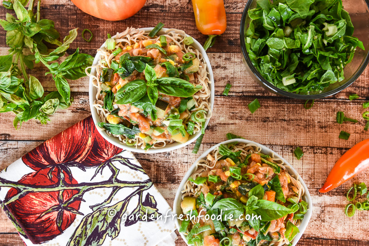 Overhead Eggplant and White Bean Ragu over Pasta