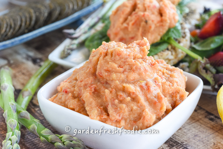 Bowl of Oil Free Roasted red pepper hummus