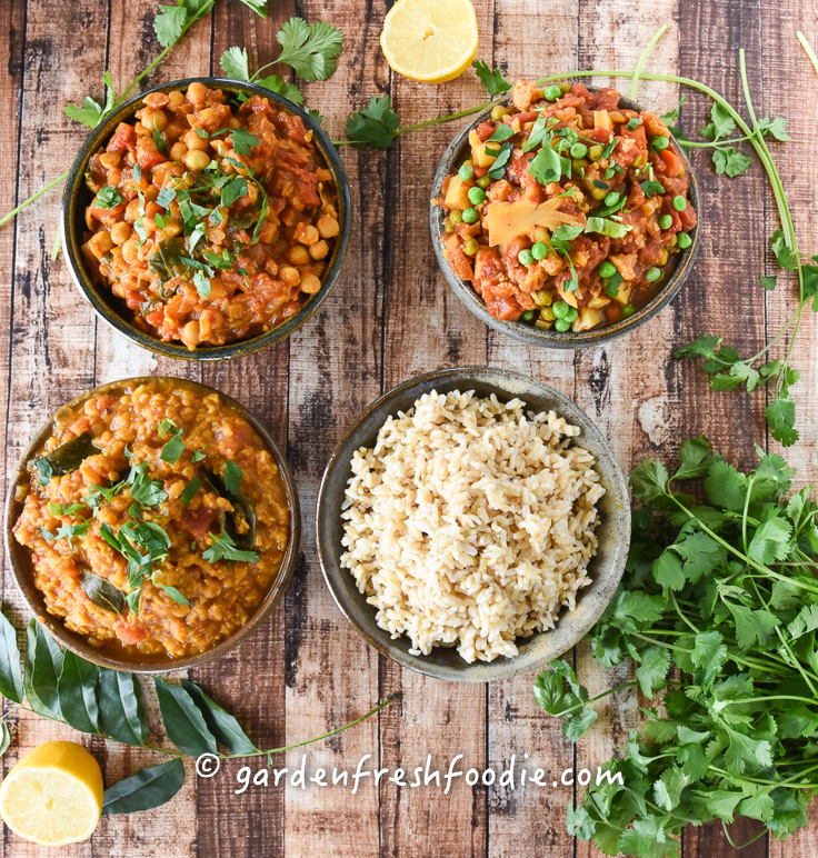 Plant Based Oil Free Indian Feast With Vindaloo, Daal, and Chana Masala